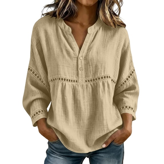 cfhntfmh Tops for Women V Neck 3/4 Sleeve Blouse Fashion Hollow out Shirts Loose Fit Button up Spring Fall Clothes (Khaki,3X-Large)