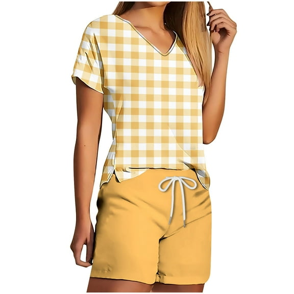 cfhntfmh Tracksuits Sets for Women Summer 2 Piece Outfits Short Sleeve V Neck T Shirts Shorts Matching Lounge Sets