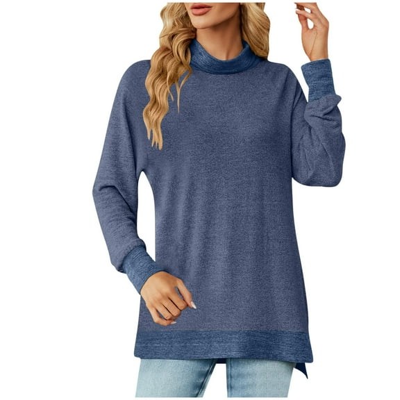 cfhntfmh Turtleneck Shirts for Women Casual Long Sleeve Patchwork Tunic Tops Baggy Comfy Side Slit Basic T-Shirts