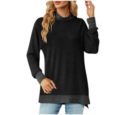 cfhntfmh Turtleneck Shirts for Women Casual Long Sleeve Patchwork Tunic Tops Baggy Comfy Side Slit Basic T-Shirts