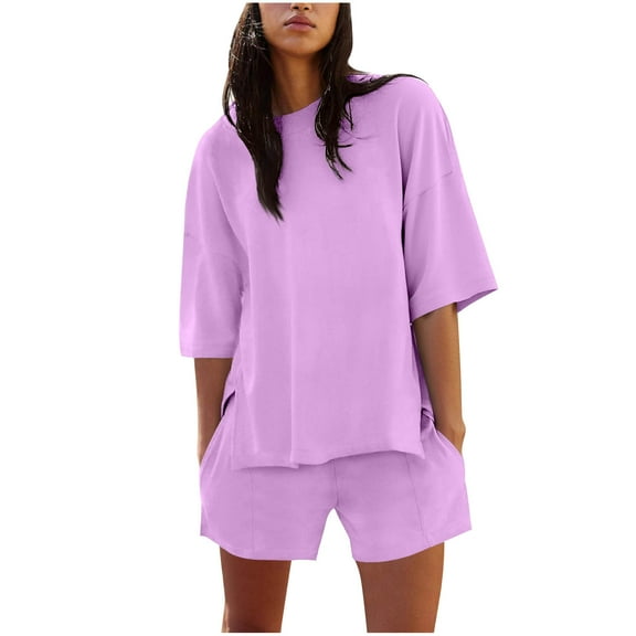 cfhntfmh Two Piece Outfits for Women Short Sleeve Crew Neck Top with Shorts Set Summer Beach Vacation Matching Outfits