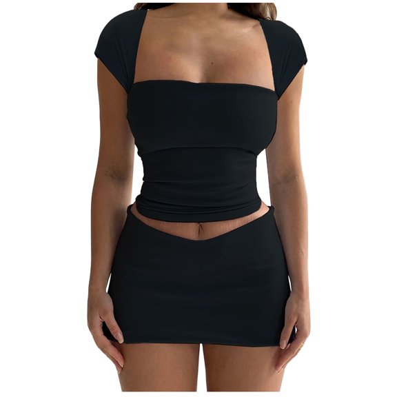 cfhntfmh Two Piece Outfits for Womens Trendy Cap Sleeve Crop Tops Mini Skirts Summer Club Suit Sets