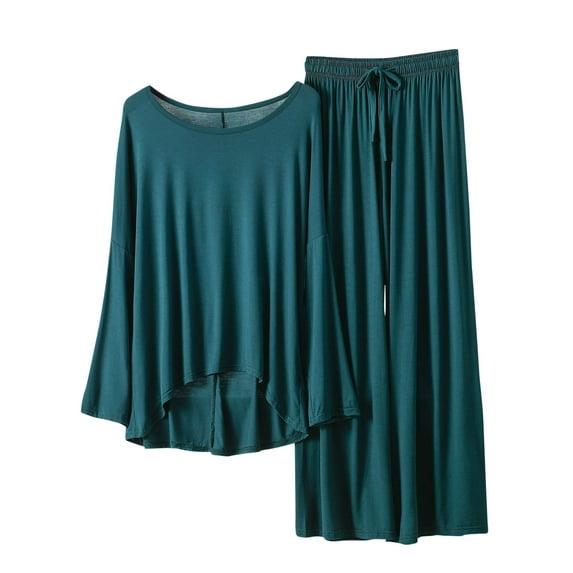 cfhntfmh Two Piece Pajama Sets for Women Palazzo Pants Long Sleeve Comfy Tees Solid Color Loungewear Pjs Set