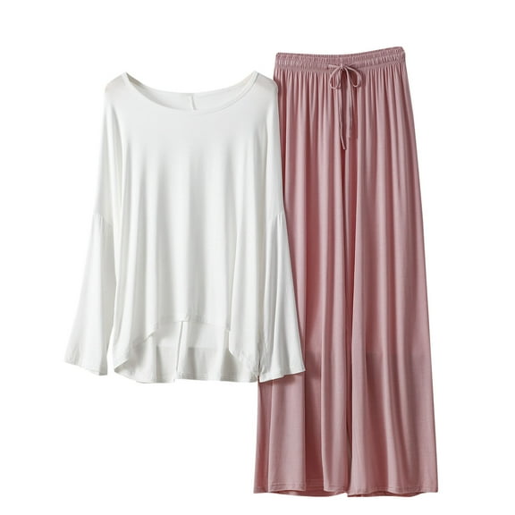 cfhntfmh Two Piece Pajama Sets for Women Palazzo Pants Long Sleeve Comfy Tees Solid Color Loungewear Pjs Set