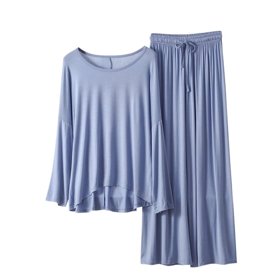 cfhntfmh Two Piece Pajama Sets for Women Palazzo Pants Long Sleeve Comfy Tees Solid Color Loungewear Pjs Set