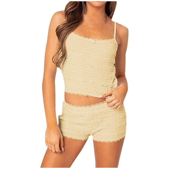 cfhntfmh Two Piece Pajama Sets for Women Summer Spaghetti Cropped Top with Shorts Cute Outfits for Women Loungewear