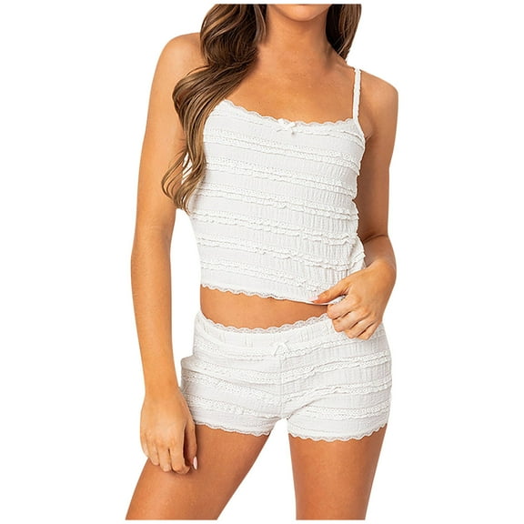 cfhntfmh Two Piece Pajama Sets for Women Summer Spaghetti Cropped Top with Shorts Cute Outfits for Women Loungewear