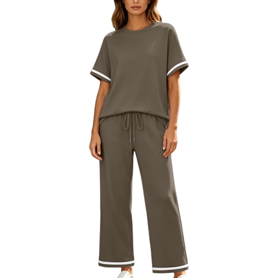 cfhntfmh Two Piece Sets for Women Matching Set Short Sleeve Crewneck Tops Drawstring Wide Leg Pants with Pockets