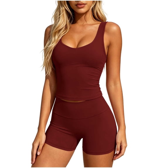 cfhntfmh Two Piece Workout Sets for Women Scoop Neck Tank Top Matching Slim Shorts Gym Yoga Athletic Outfits