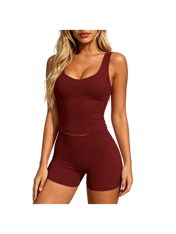 Two Piece Workout Sets for Women Scoop Neck Tank Top Matching Slim Shorts Gym Yoga Athletic Outfits