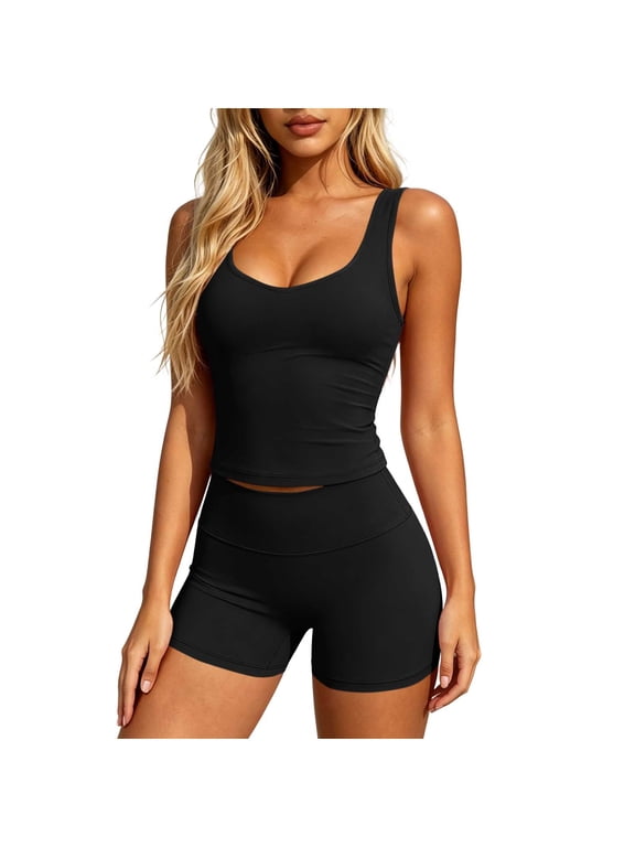 Two Piece Workout Sets for Women Scoop Neck Tank Top Matching Slim Shorts Gym Yoga Athletic Outfits