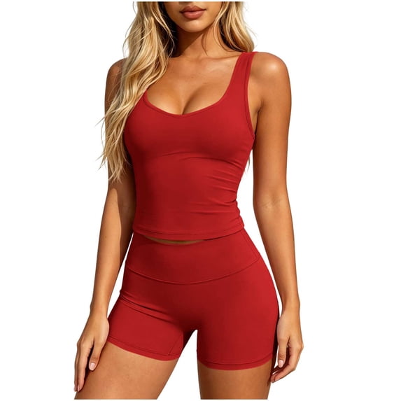 cfhntfmh Two Piece Workout Sets for Women Scoop Neck Tank Top Matching Slim Shorts Gym Yoga Athletic Outfits