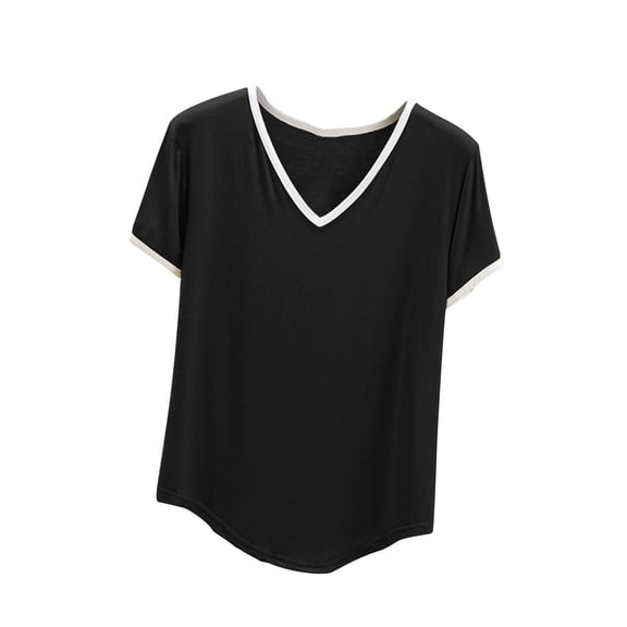 cfhntfmh V Neck Pajamas Tops for Women Casual Short Sleeve Color Block Shirt Summer Soft Sleep Tees