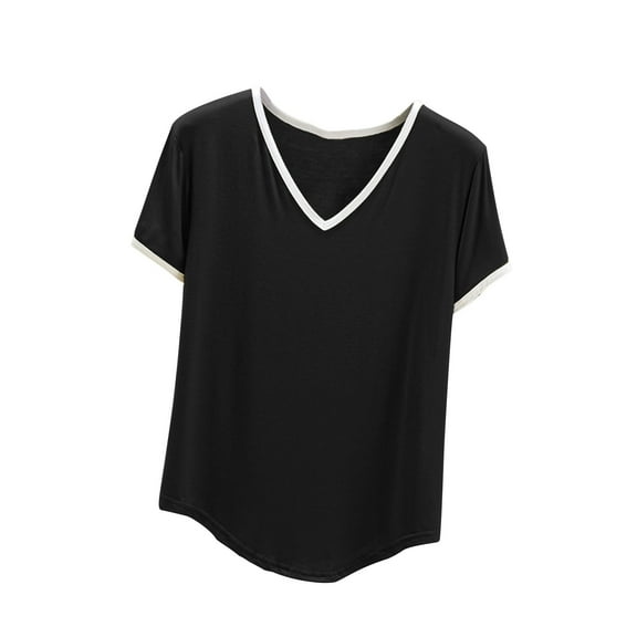 cfhntfmh V Neck Pajamas Tops for Women Casual Short Sleeve Color Block Shirt Summer Soft Sleep Tees