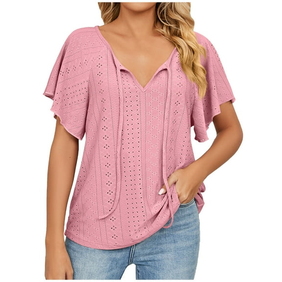 cfhntfmh V Neck Shirts for Women Casual Ruffle Short Sleeve T-Shirts Hollow out Tunic Tops Summer Fashion Clothes