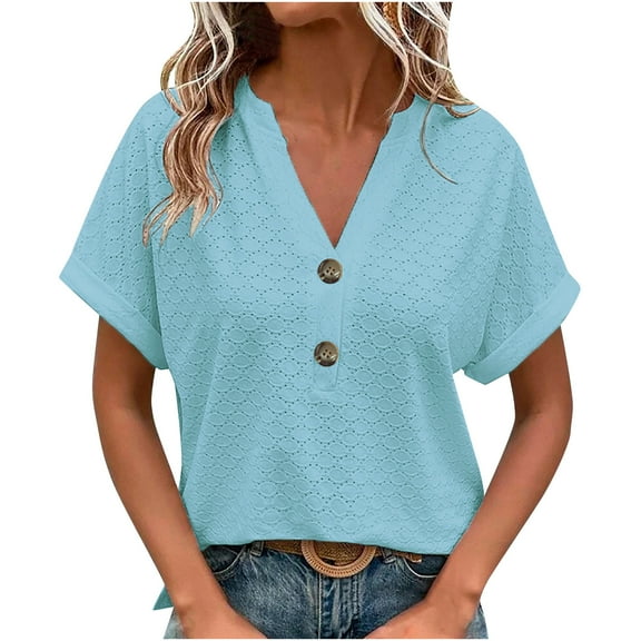 cfhntfmh V Neck Shirts for Women Lace Cutout Short Sleeve Casual Tunic Tops Summer Soft Buttons Beach Basic T-Shirts