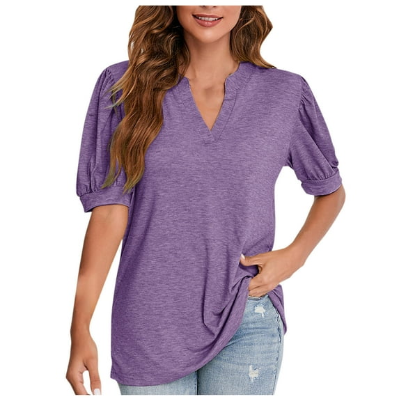 cfhntfmh V Neck Tops for Women Short Sleeve Plain Tees Baggy Cutton Summer Basic T-Shirt