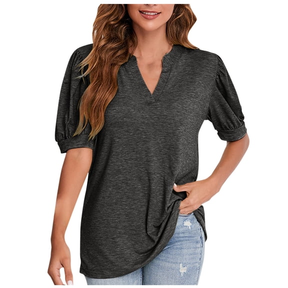 cfhntfmh V Neck Tops for Women Short Sleeve Plain Tees Baggy Cutton Summer Basic T-Shirt