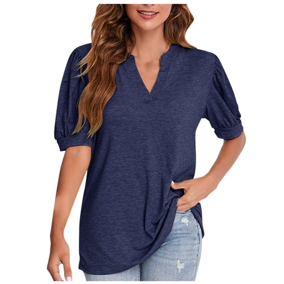cfhntfmh V Neck Tops for Women Short Sleeve Plain Tees Baggy Cutton Summer Basic T-Shirt
