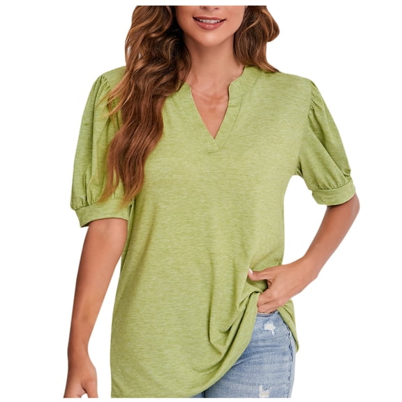 cfhntfmh V Neck Tops for Women Short Sleeve Plain Tees Baggy Cutton Summer Basic T-Shirt