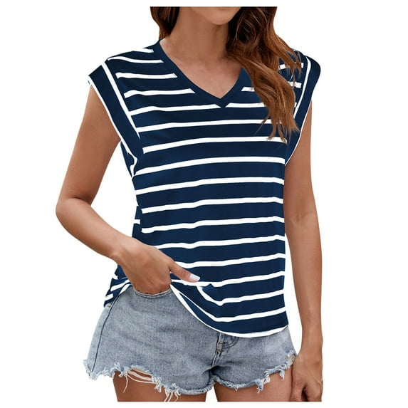 cfhntfmh V Neck Tops for Women Summer Beach Striped Print Baggy T-shirts Cap Sleeve Comfy Basic Tank Tops