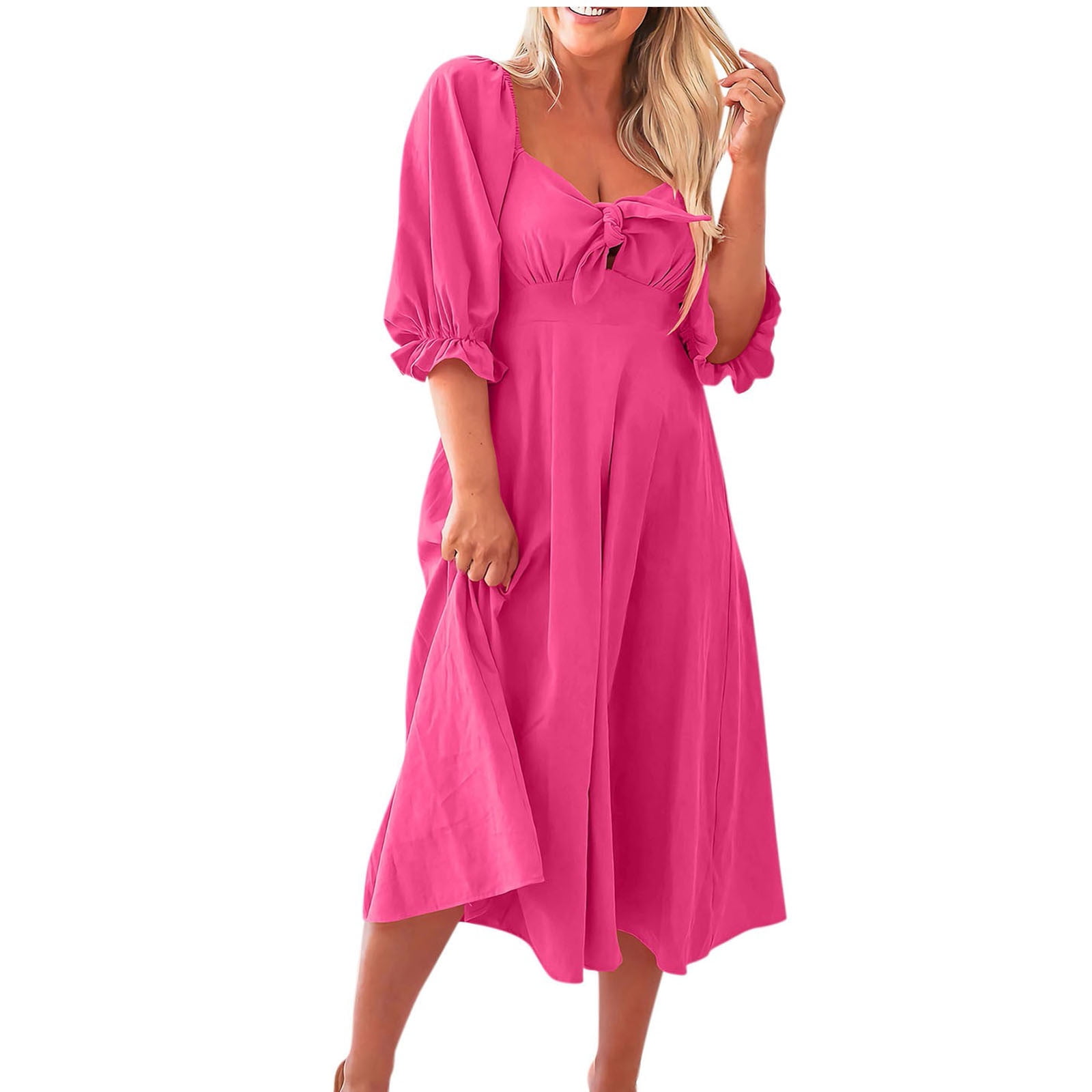 cfhntfmh Vacation Dresses for Women Puff Sleeve Trendy Dress Front Knot