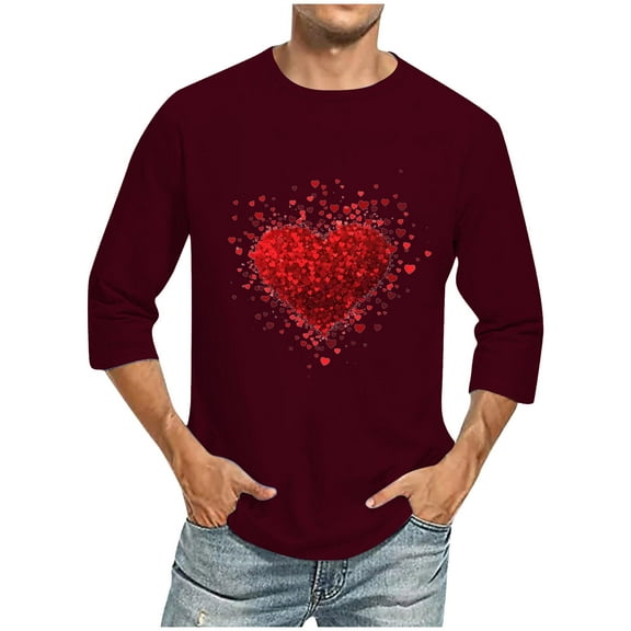 cfhntfmh Valentine's Day Shirts for Men Hearted Printed 3/4 Sleeve Tops Big and Talls Crewneck Casual T Shirts