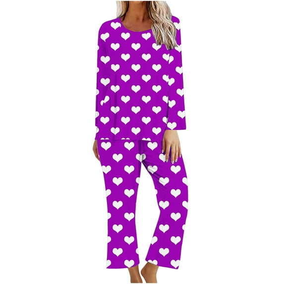 cfhntfmh Valentine's Outfits for Women Hearts Printed Crewneck Long Sleeve Basic Shirts Loose Lounge Pants Pajama Sets Sleepwear