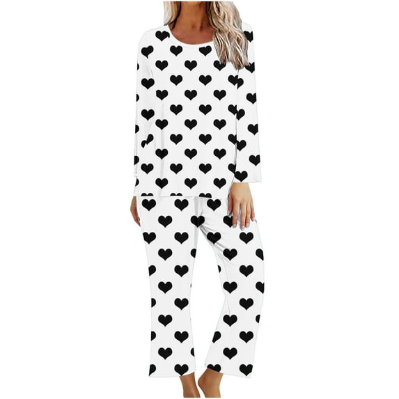 cfhntfmh Valentine's Outfits for Women Hearts Printed Crewneck Long Sleeve Basic Shirts Loose Lounge Pants Pajama Sets Sleepwear