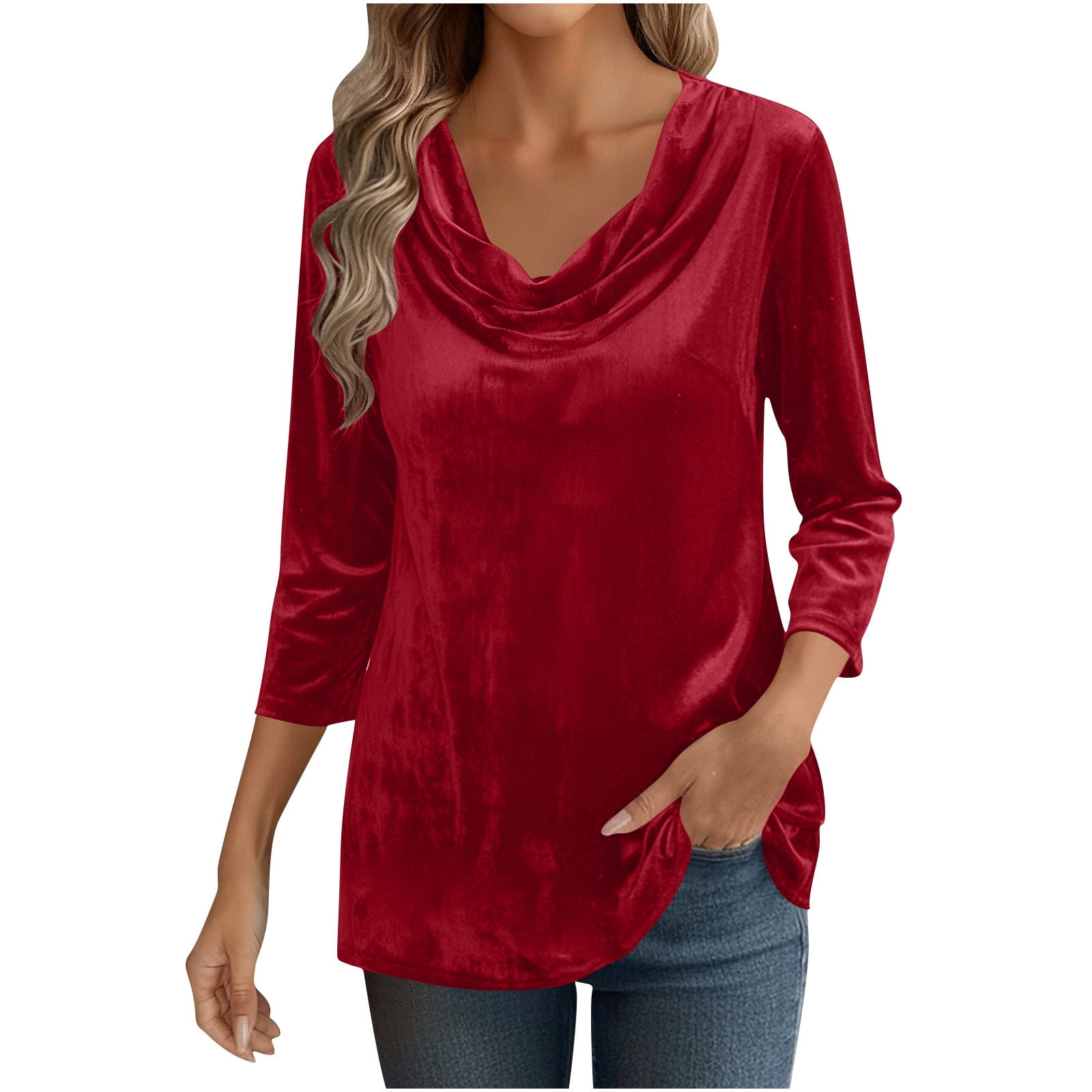 Women's Mock Neck Puff Sleeve Velvet Blouse - Long Sleeve, Slim Fit, Solid Color Top For Office & Party