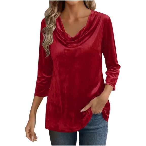 cfhntfmh Velet Shirt for Women Cowl Neck 3/4 Length Sleeve Velour Top Casual Cocktail Evening Party Blouses Work Office Clothes