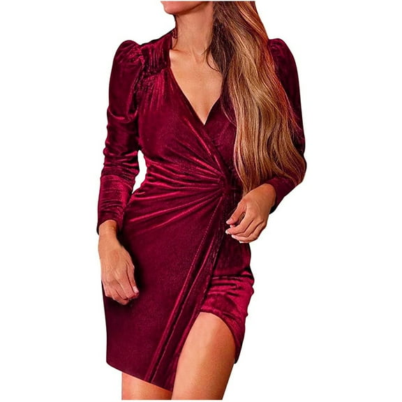 cfhntfmh Velvet Dress for Women Wrap V Neck Bodycon Dress Long Sleeve Wedding Guest Cocktail Party Slit Mini Dresses
