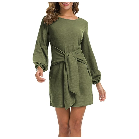 cfhntfmh Wedding Guest Dresses for Women Elegant Crewneck Lantern Long Sleeve Mini Dress Front Knot Waisted Party Dress