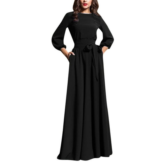 cfhntfmh Wedding Guest Dresses for Women Elegant Crewneck Long Sleeve Maxi Dress Flowy Belted Cocktail Party Dress