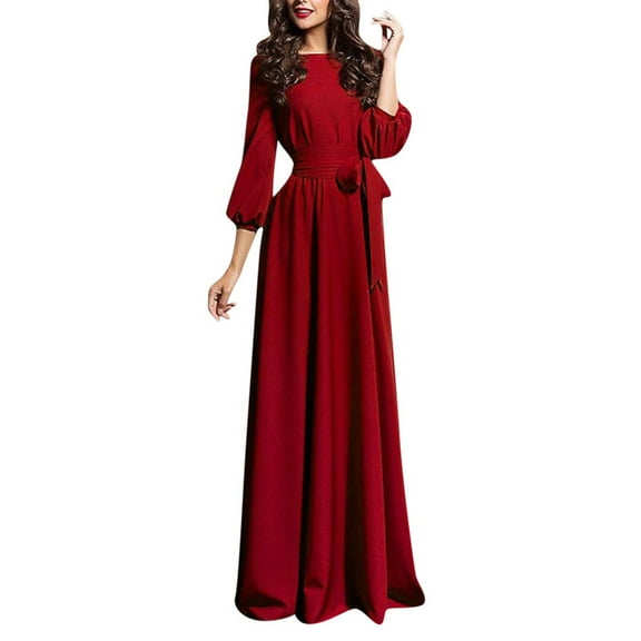 cfhntfmh Wedding Guest Dresses for Women Elegant Crewneck Long Sleeve Maxi Dress Flowy Belted Cocktail Party Dress