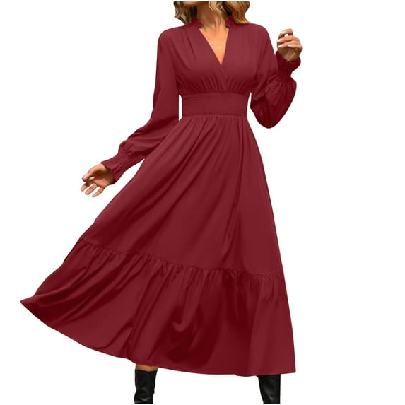 cfhntfmh Wedding Guest Dresses for Women Elegant Long Sleeve Smocked Maxi Dress Fashion V Neck Bodydoll Ruffle Hem Flowy Dress