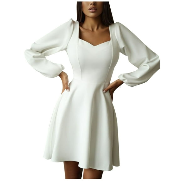 cfhntfmh Wedding Guest Dresses for Women Soft V Neck Long Sleeve Mini Dress Fall Slim Elegant Pleated A-Line Party Dress