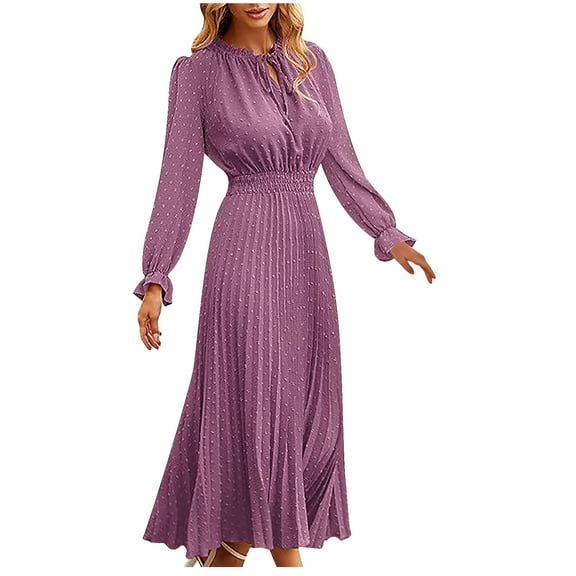 cfhntfmh Wedding Guest Dresses for Women Trendy Cutout Ruffle Crewneck Smocked Maxi Dress Loose Pleated Party Dress