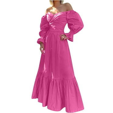 cfhntfmh Wedding Guest Dresses for Women Trendy off Shoulder Long Sleeve Party Dress Wrap V Neck Bodydoll Long Maxi Dress