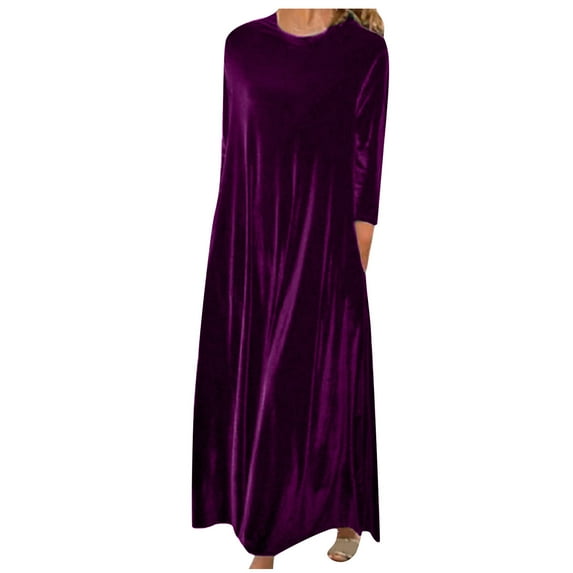 cfhntfmh Wedding Guest Dresses for Women Velvet Crewneck 3/4 Sleeve Long Maxi Dress Vintage Solid Color Pleated Tunic Dress