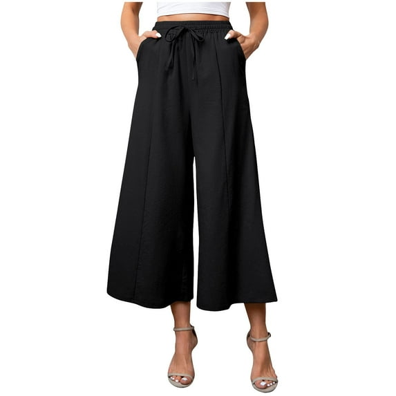 cfhntfmh Wide Leg Pants for Women Flowy High Elastic Waist Capri Pants Summer Beach Palazzo Baggy Pocketed Cropped Pants