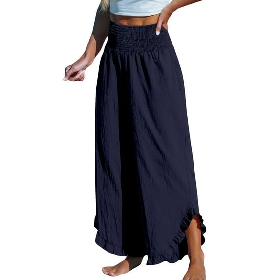 cfhntfmh Wide Leg Pants for Women Lounge Summer High Waist Trousers Palazzo Smocked Ruffle Hem Beach Comfy Pants
