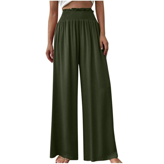 cfhntfmh Wide Leg Pants for Women Smocked High Elastic Waist Fashion Full Length Pants Lounge Straight Leg Vacation Pants