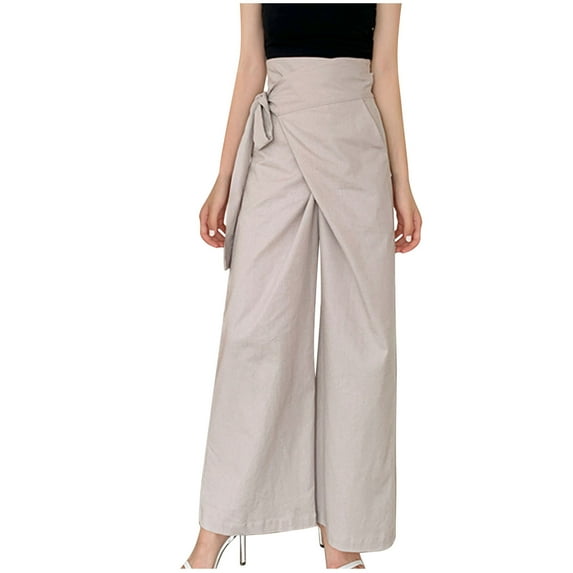 cfhntfmh Wide Leg Pants for Women Trendy High Waist Cotton Linen Wrap Pants Lounge Side Knot Flowy Palazzo Pants