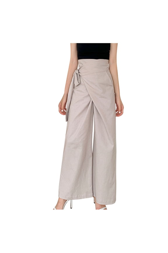 Wide Leg Pants for Women Trendy High Waist Cotton Linen Wrap Pants Lounge Side Knot Flowy Palazzo Pants