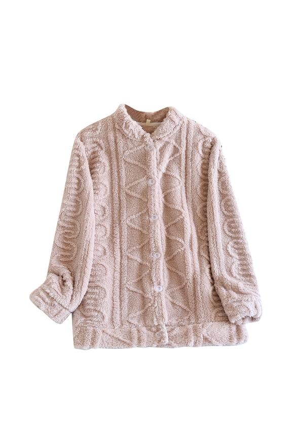 Winter Pajama Coat for Women Long Sleeve Solid Fuzzy Fleece Pjs Tops Button down Jacket Coats Outerwear Sleepwear（Pink,Large)