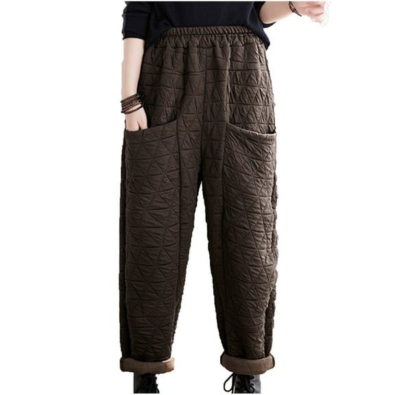 cfhntfmh Winter Warm Pants for Women Elastic Waisted Quilted Sweatpants Comfy Wide Leg Ski Snow Pants with Pockets