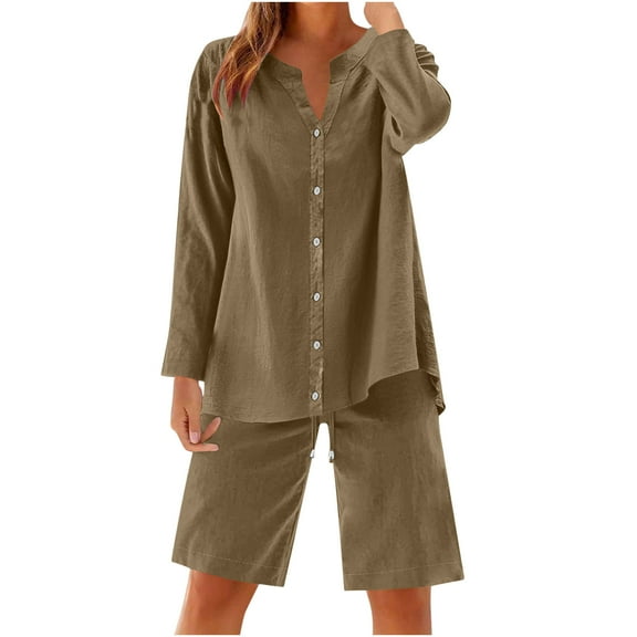 cfhntfmh Women 2 Piece Linen Sets Lounge Sets Long Sleeve Button down Matching Outfits with Knee Length Shorts