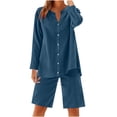 thumbnail image 1 of cfhntfmh Women 2 Piece Linen Sets Lounge Sets Long Sleeve Button down Matching Outfits with Knee Length Shorts, 1 of 7