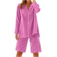 thumbnail image 1 of cfhntfmh Women 2 Piece Linen Sets Lounge Sets Long Sleeve Button down Matching Outfits with Knee Length Shorts, 1 of 7